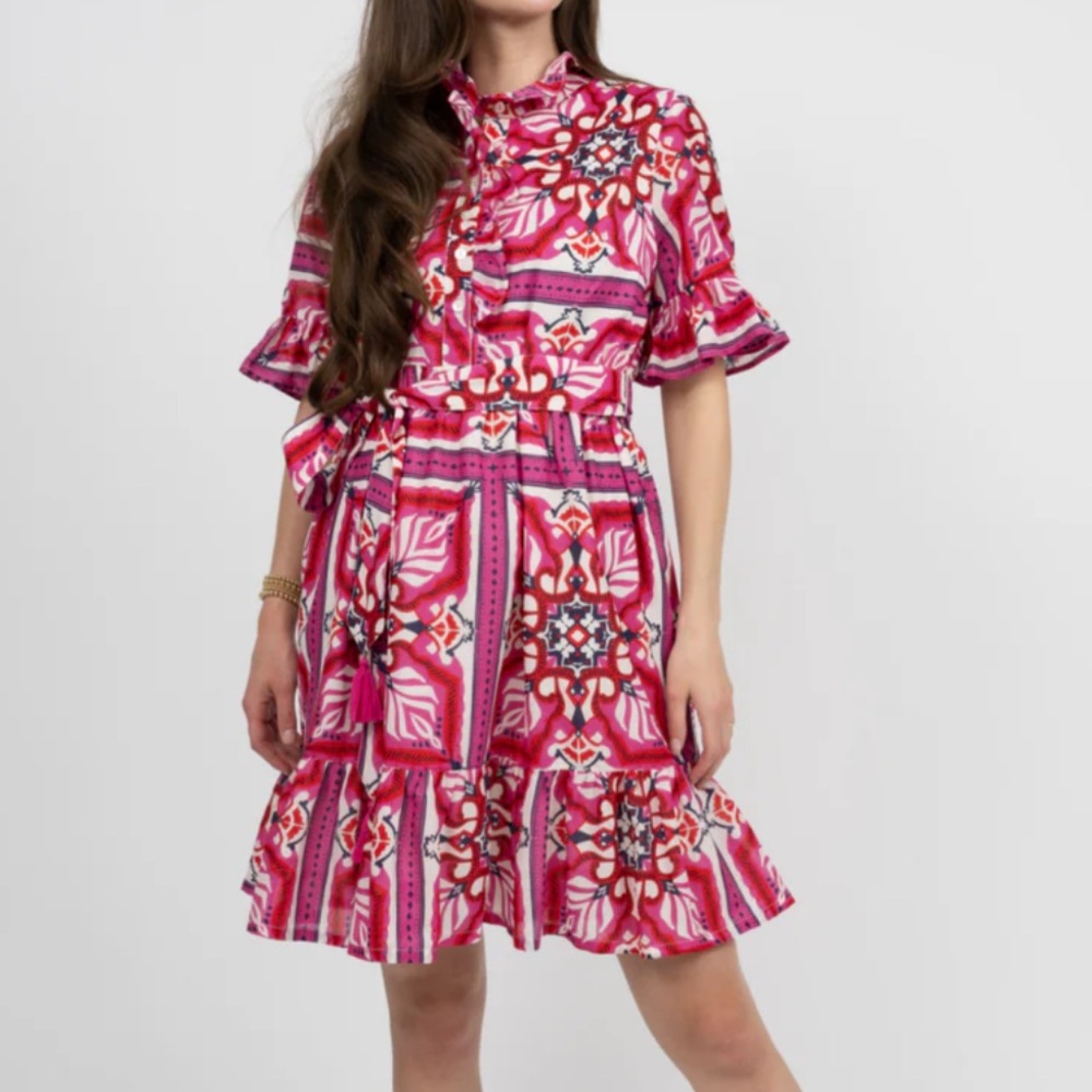 Pink Patterned Short-Sleeve Ruffled Dress